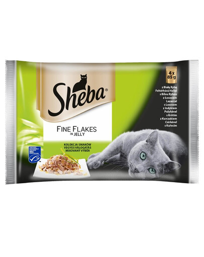 SHEBA Fiocchi fini in gelatina 52x85g cibo per gatti in gelatina con pesce bianco, con salmone, con tacchino, con pollo