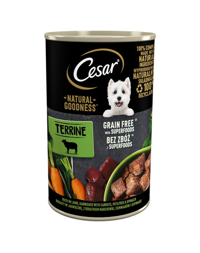 CESAR alimento umido completo per cani adulti ricco di agnello, guarnito con carote, patate e spinaci 400g