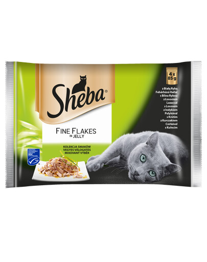 SHEBA Fine Flakes in Jelly cibo umido per gatti in gelatina con pesce bianco, salmone, tacchino e pollo 4 x 85g