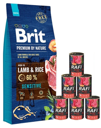 BRIT Premium By Nature Sensitive Lamb 15kg + scatolette con manzo 6 x 400g