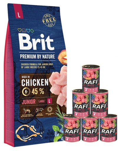 BRIT Premium By Nature Junior Large L 15kg + cibo umido con carne di vitello 6 x 400g
