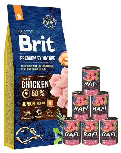 BRIT Premium By Nature Junior Medium M 15kg + cibo umido con carne di vitello 6 x 400g