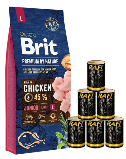 BRIT Premium By Nature Junior Large L 15kg + mokra karma z drobiem 6 x 1240g