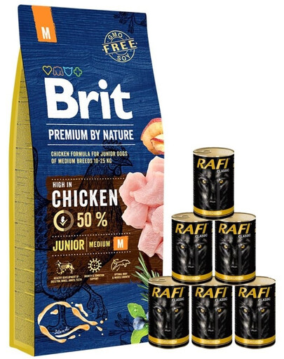 BRIT Premium By Nature Junior Medium M 15kg + cibo umido con pollame 6 x 1240g