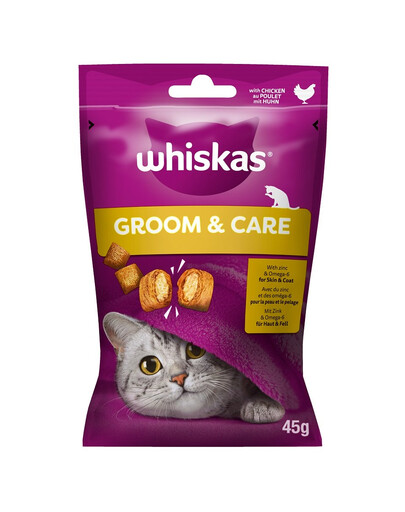 WHISKAS Groom & Care 45g snack con pollo per gatti