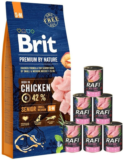 BRIT Premium By Nature Senior Small Medium S+M 15kg + cibo umido con tacchino 6 x 400g
