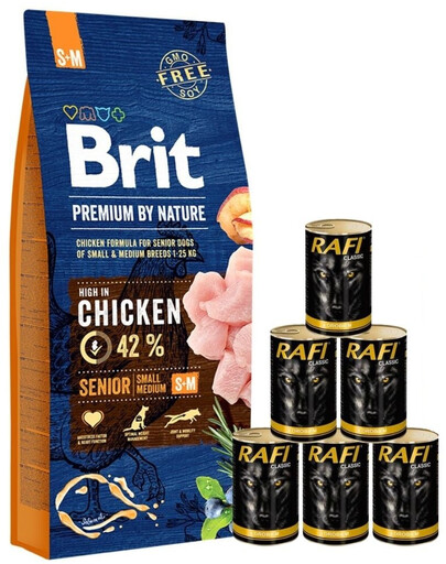 BRIT Premium By Nature Senior Small Medium S+M 15kg + cibo umido con pollame 6 x 1240g