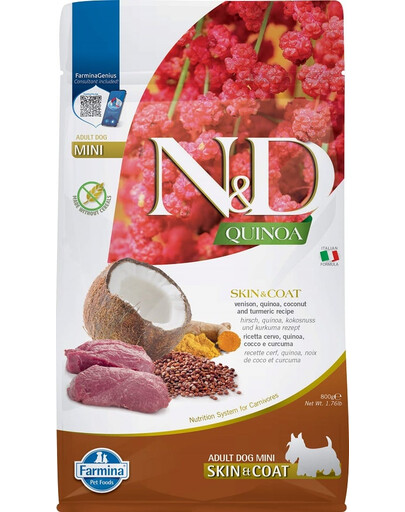 FARMINA N&D Quinoa Dog Adult Mini Skin & Coat Cervo, quinoa, cocco e curcuma 800g
