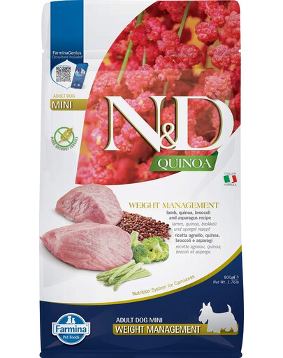 FARMINA N&D Quinoa Dog Adult Mini Weight Management Agnello, quinoa, broccoli e asparagi 800 g