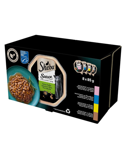 SHEBA Sauce Collection Selezione di gusti in vaschetta 8x85 g Alimento umido completo per gatti adulti, bocconcini in salsa con salmone, tonno, pollo e anatra