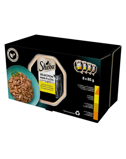 SHEBA Selection Aromi di pollame in vaschetta 8x85 g alimento umido completo per gatti adulti, bocconcini in salsa con pollo e tacchino, pollo, pollame, tacchino