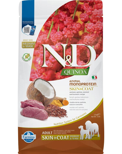 FARMINA N&D Quinoa Dog Adult Medium Maxi Skin and Coat Venison Coconut 2,5kg per razze medie e grandi
