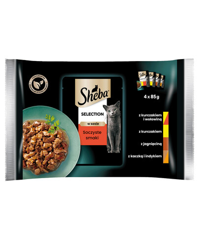SHEBA Selection Juicy Flavours 4x85g Alimento umido completo per gatti adulti bocconcini in salsa con pollo e manzo, pollo, agnello, anatra e tacchino
