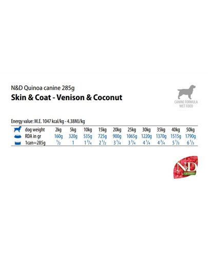 FARMINA N&D Quinoa Dog Venison, cocco 285g Cervo con cocco per rinforzare pelle e pelo
