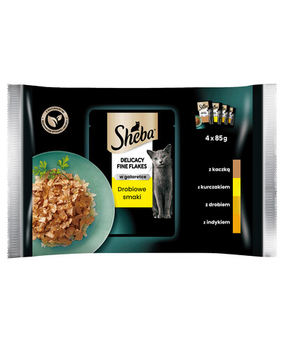 SHEBA Delicacy Fine Flakes Aromi di pollame in bustina 4x85g cibo umido completo per gatti adulti, bocconcini in gelatina con: anatra, pollo, pollame, tacchino