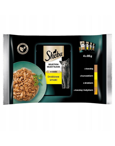 SHEBA Selection Select Slices Aromi di pollame in bustina 4x85 g Alimento umido completo per gatti adulti, bocconcini in salsa con anatra, pollo, pollame, anatra e tacchino