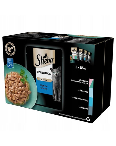 SHEBA Selection Sapori di pesce in bustina 12x85g Alimento umido completo per gatti adulti bocconcini in salsa con salmone e merluzzo nero, pesce bianco, pesce oceanico, merluzzo
