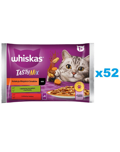 WHISKAS Adult Bustina 52 x 85g Collection of Countryside Flavours cibo umido per gatti in pezzi in salsa con agnello, pollo e carote, manzo e pollame