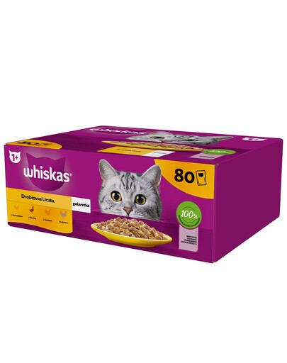 WHISKAS Adult 80 x 85 g Poultry - cibo umido per gatti adulti, in gelatina (pezzi con: pollo, anatra, pollame, tacchino)