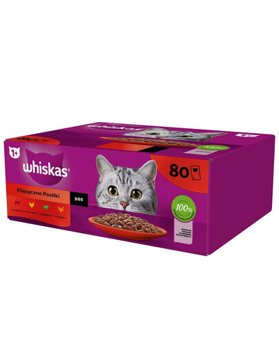 WHISKAS Adult 80 x 85 g Classic Meals - cibo umido per gatti adulti, in salsa (tagli con: manzo, pollo, agnello, pollame)