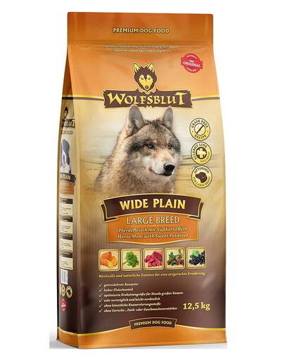 WOLFSBLUT Wide Plain Large Breed Adult per cani allergici di razza grande con carne di cavallo e patate dolci 12,5 kg
