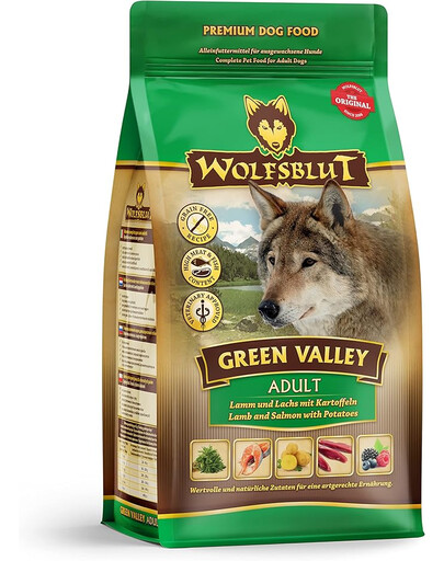 WOLFSBLUT Green Valley Adult per cani con agnello, salmone e verdure 12,5 kg