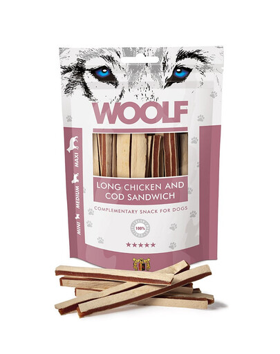 WOOLF Long Chicken And Cod Sandwich 100g strisce con pollo e merluzzo