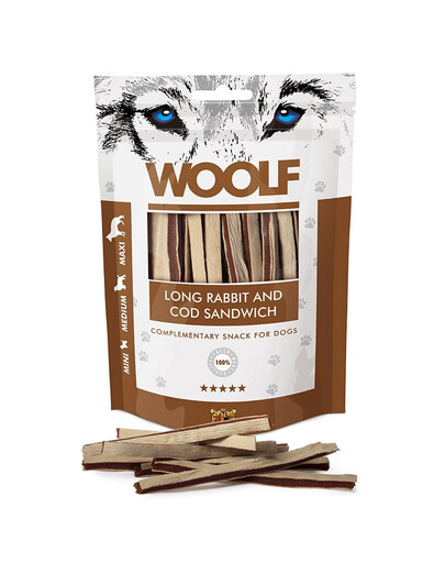 WOOLF Long Rabbit And Cod Sandwich 100g strisce di coniglio con merluzzo