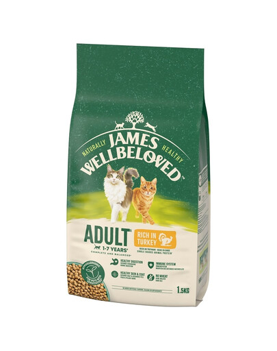 JAMES WELLBELOVED 1,5 kg alimento secco completo per gatti adulti da 1 a 7 anni ricco di tacchino