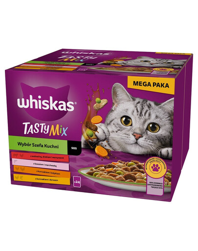 WHISKAS Adult Tasty Mix in salsa 24x85g bocconcini con manzo, salmone, pollo e tacchino, pollo e merluzzo per gatti adulti