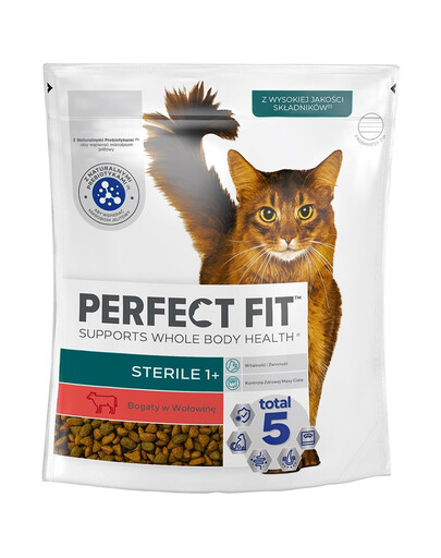 PERFECT FIT Sterile 1+ 750 g Alimento secco completo ricco di manzo per gatti adulti