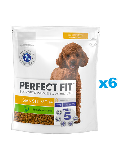 PERFECT FIT Sensitive 1+ Alimento secco completo ricco di tacchino per cani adulti di piccola taglia 6x825 g