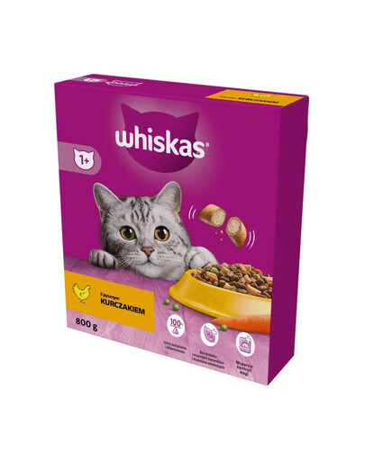 WHISKAS Adult 800g Alimento secco completo con delizioso pollo per gatti adulti