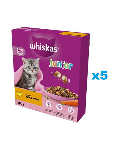 WHISKAS Junior 5x800g Alimento secco completo per gattini con delizioso pollo