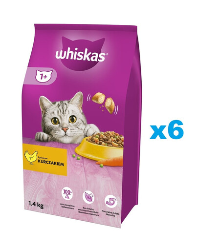WHISKAS Adult 6x1,4kg Alimento secco completo per gatti adulti con delizioso pollo