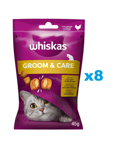 WHISKAS Groom & Care 8 x 45g snack con pollo per gatti