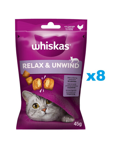 WHISKAS Relax & Unwind 8 x 45g snack con pollo per gatti