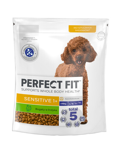 PERFECT FIT Sensitive 1+ Alimento secco completo ricco di tacchino per cani adulti di piccola taglia 825g