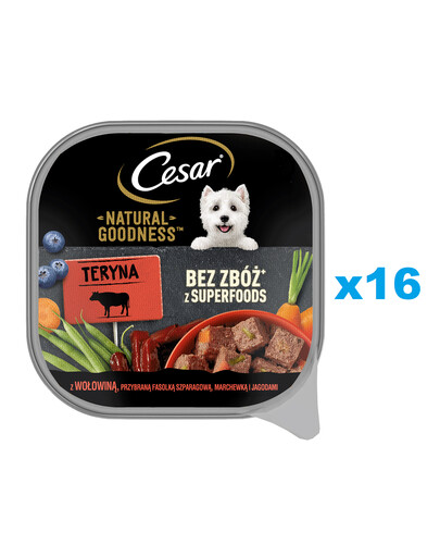 CESAR Natural Goodness in vaschetta 16x100g alimento umido completo per cani adulti con manzo, ceci, carote e mirtilli