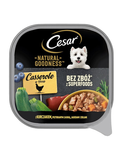 CESAR Natural Goodness in vaschetta 100g con pollo guarnito con zucchine, frutti di bosco ed erbe in salsa
