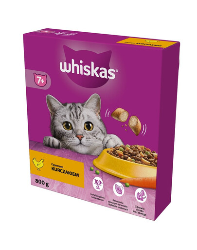WHISKAS Senior 800g cibo secco con delizioso pollo per gatti anziani