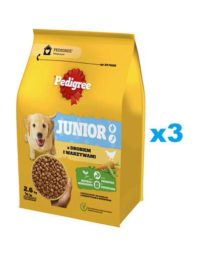 PEDIGREE Junior 3x2,6kg alimento completo con pollame e verdure per la crescita di cani di taglia grande e media