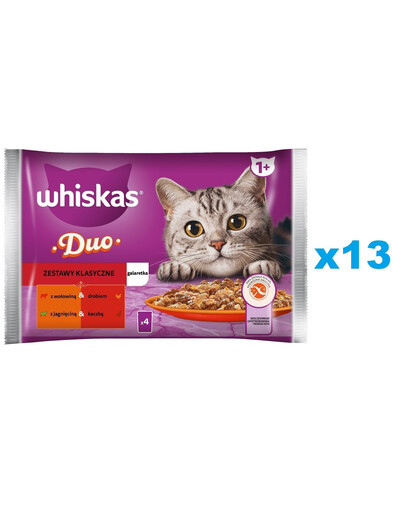 WHISKAS Adult in bustina 52x85g Alimento umido per gatti bocconcini in gelatina con manzo e pollame, agnello e anatra