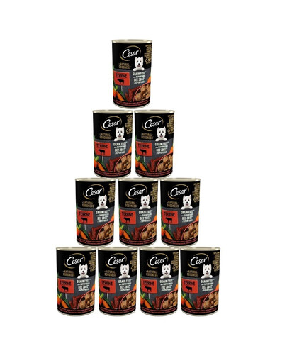 CESAR puszka 12x400g - mokra karma pełnoporcjowa dla dorosłych psów bogata w wołowinę, przybrana marchewką, fasolką i ziołami