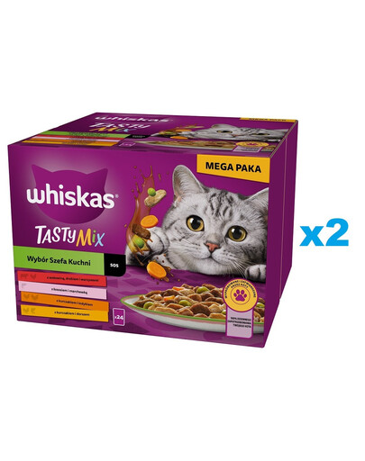 WHISKAS Adult Tasty Mix 48x85g Bocconcini con manzo, salmone, pollo e tacchino, pollo e merluzzo