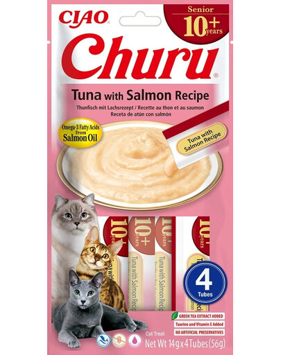 INABA Churu Cat Senior Tuna con Salmone 4x14g prelibatezza cremosa per gatti anziani al gusto di tonno e salmone