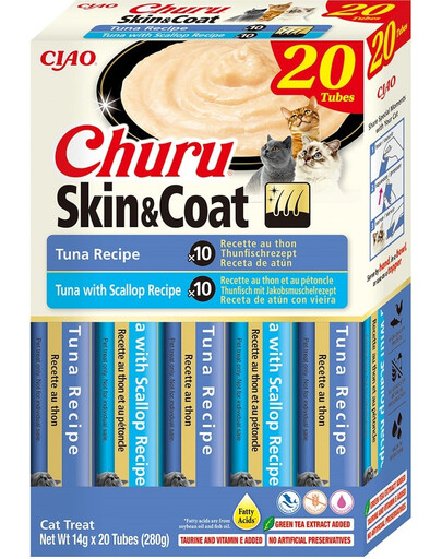 INABA Churu Cat Skin Coat 20x14g tonno, tonno e capesante crema snack per gatti
