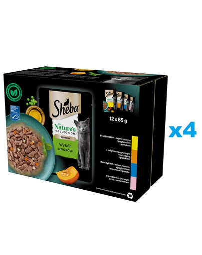 SHEBA Nature’s Collection Selezione di sapori 48x85 g Alimento umido completo per gatti adulti, bocconcini in salsa con pollo, tacchino, tonno, salmone