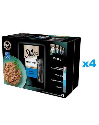 SHEBA Selection Sapori di pesce in bustina 48x85g Alimento umido completo per gatti adulti bocconcini in salsa con salmone e merluzzo nero, pesce bianco, pesce oceanico, merluzzo