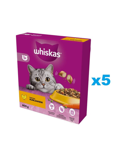 WHISKAS Adult 5x800g Alimento secco completo con delizioso pollo per gatti adulti